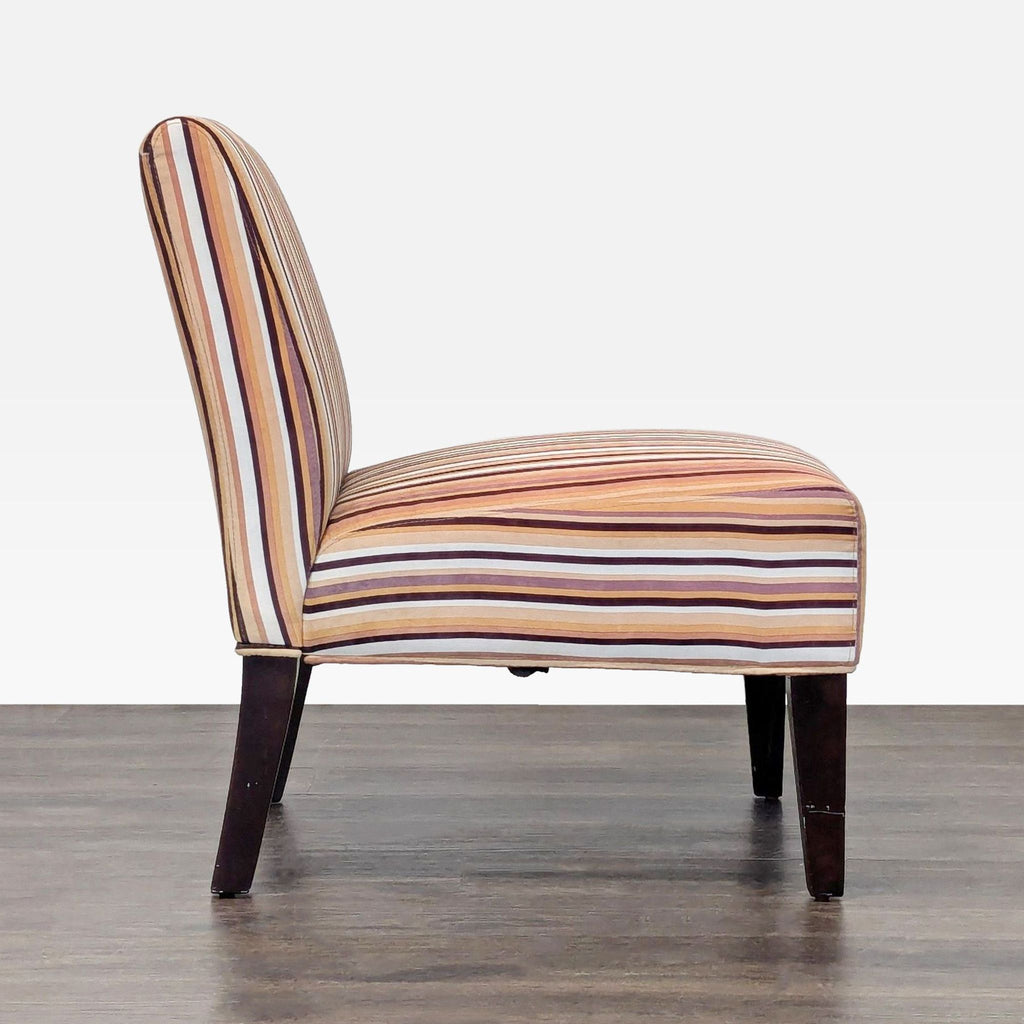Striped cushioned armless chair for lounge spaces, featuring bold colors and sturdy wooden legs.  
