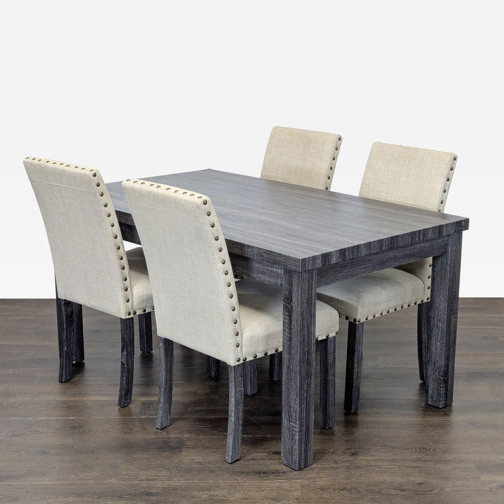 Gracie Oaks Gray Wood Dining Table with 4 Upholstered Nailhead Chairs