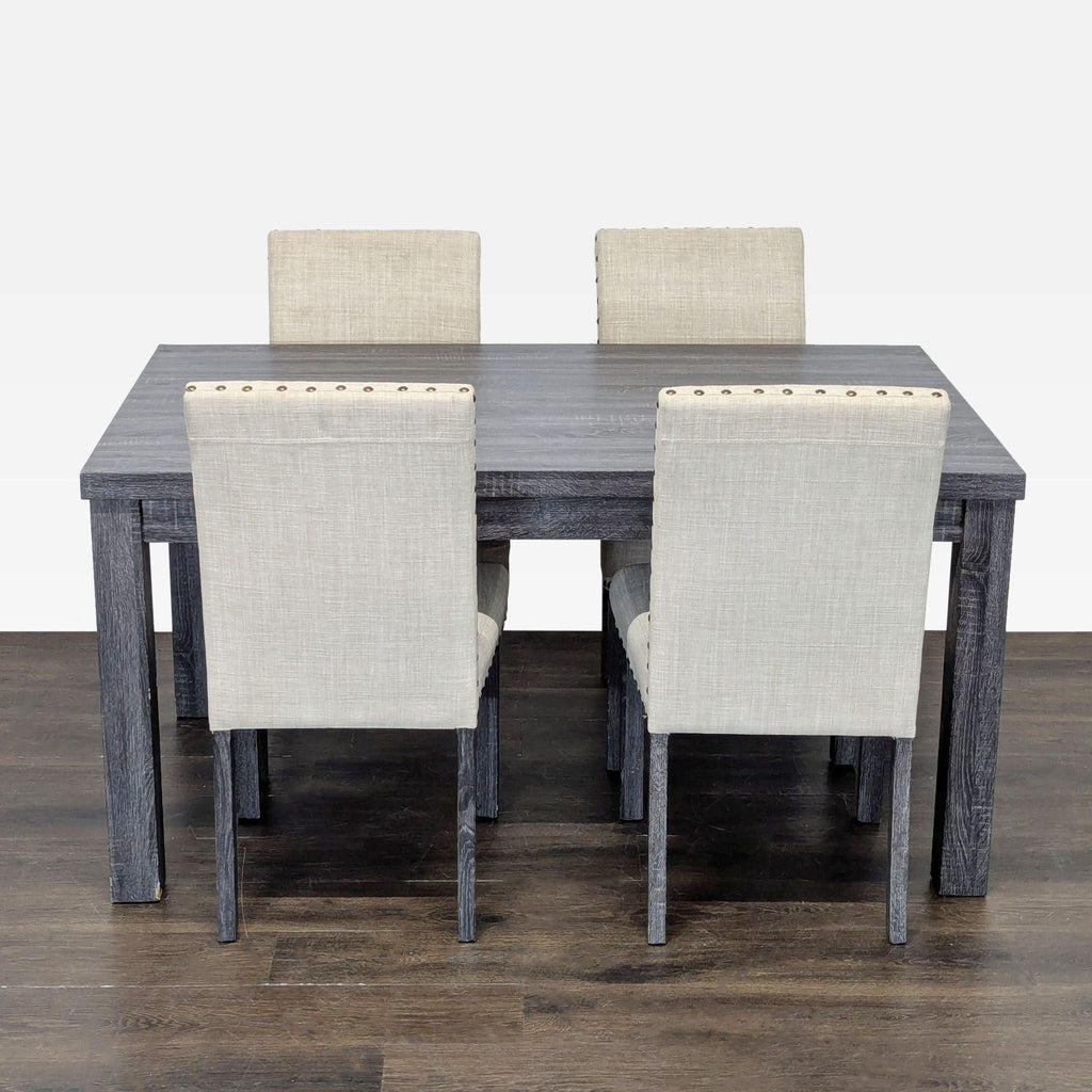 Gracie Oaks Gray Wood Dining Table with 4 Upholstered Nailhead Chairs
