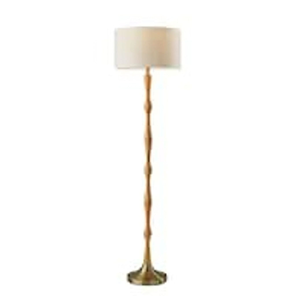 Adesso Eve Floor Lamp with oak wood stand and white drum shade, ideal for living rooms or bedrooms.