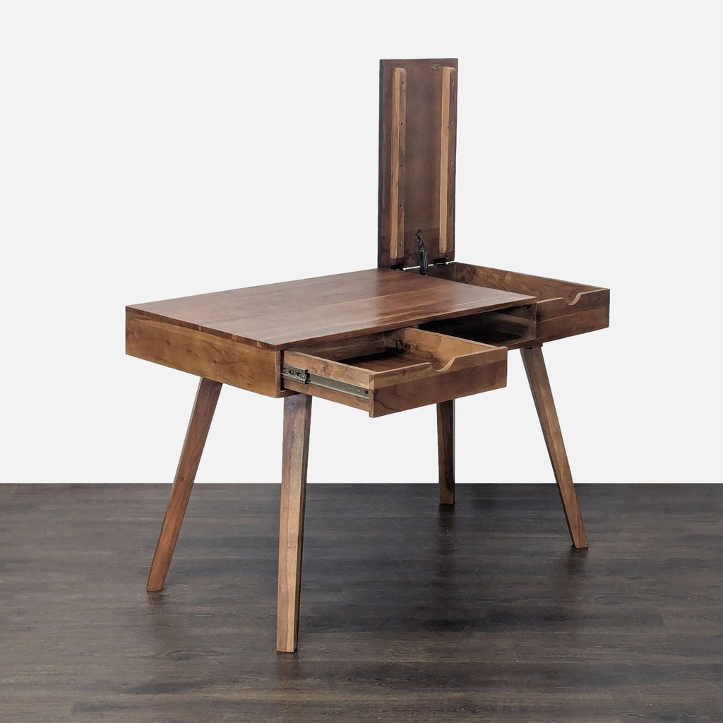 Sturdy natural wood desk featuring extra storage, including pull-out drawers and a lift-up compartment.