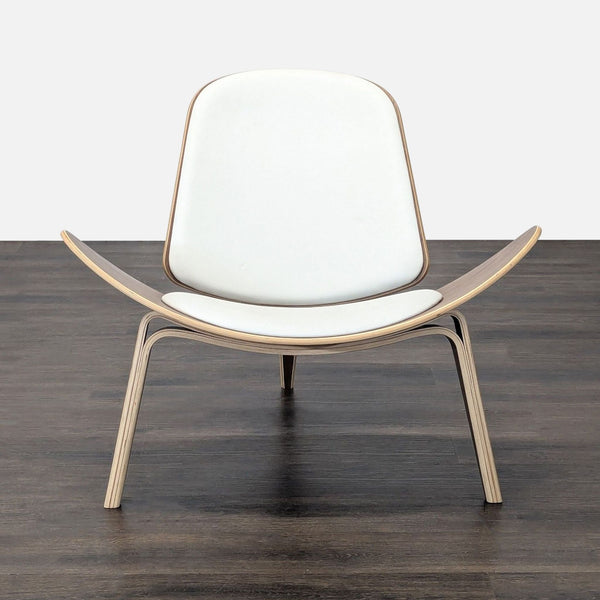Mid-Century Modern Shell Lounge Chair in Walnut and White Leather Upholstery - Accepted Offer (22.37% discount)