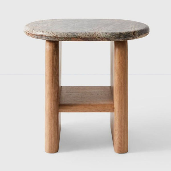 Light oak base with storage shelf and Indian marble top, handcrafted by The Citizenry.