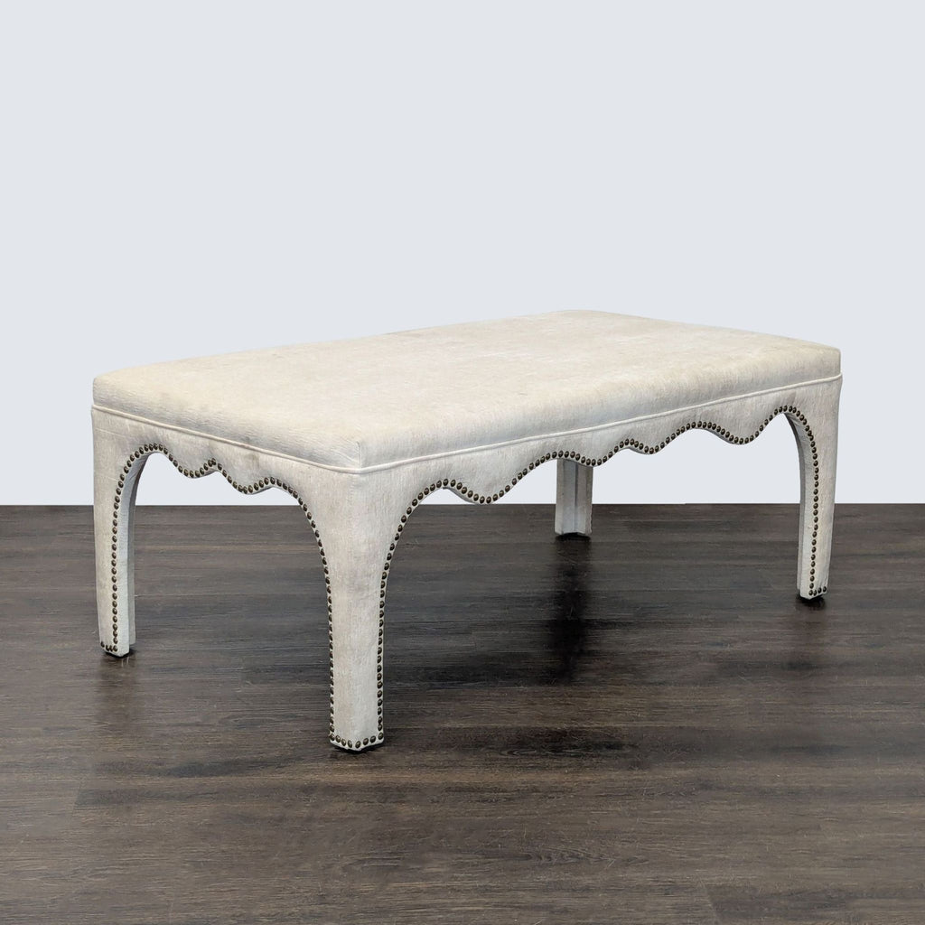 Elegant TOV Furniture bench, fully upholstered with scalloped edging and decorative nailhead details.