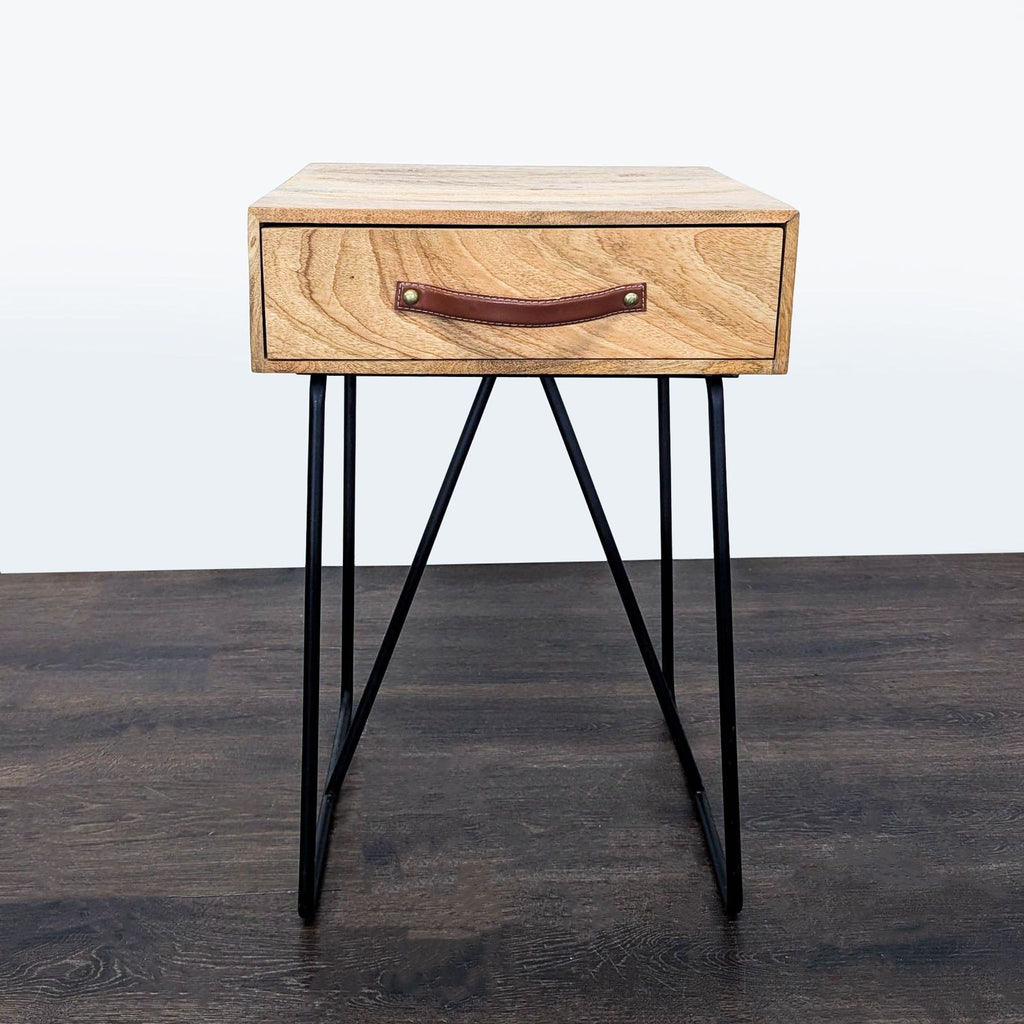 1. Modern Acacia wood end table featuring a sleek leather handle for easy mobility.