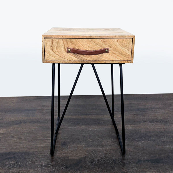 1. Modern Acacia wood end table featuring a sleek leather handle for easy mobility.