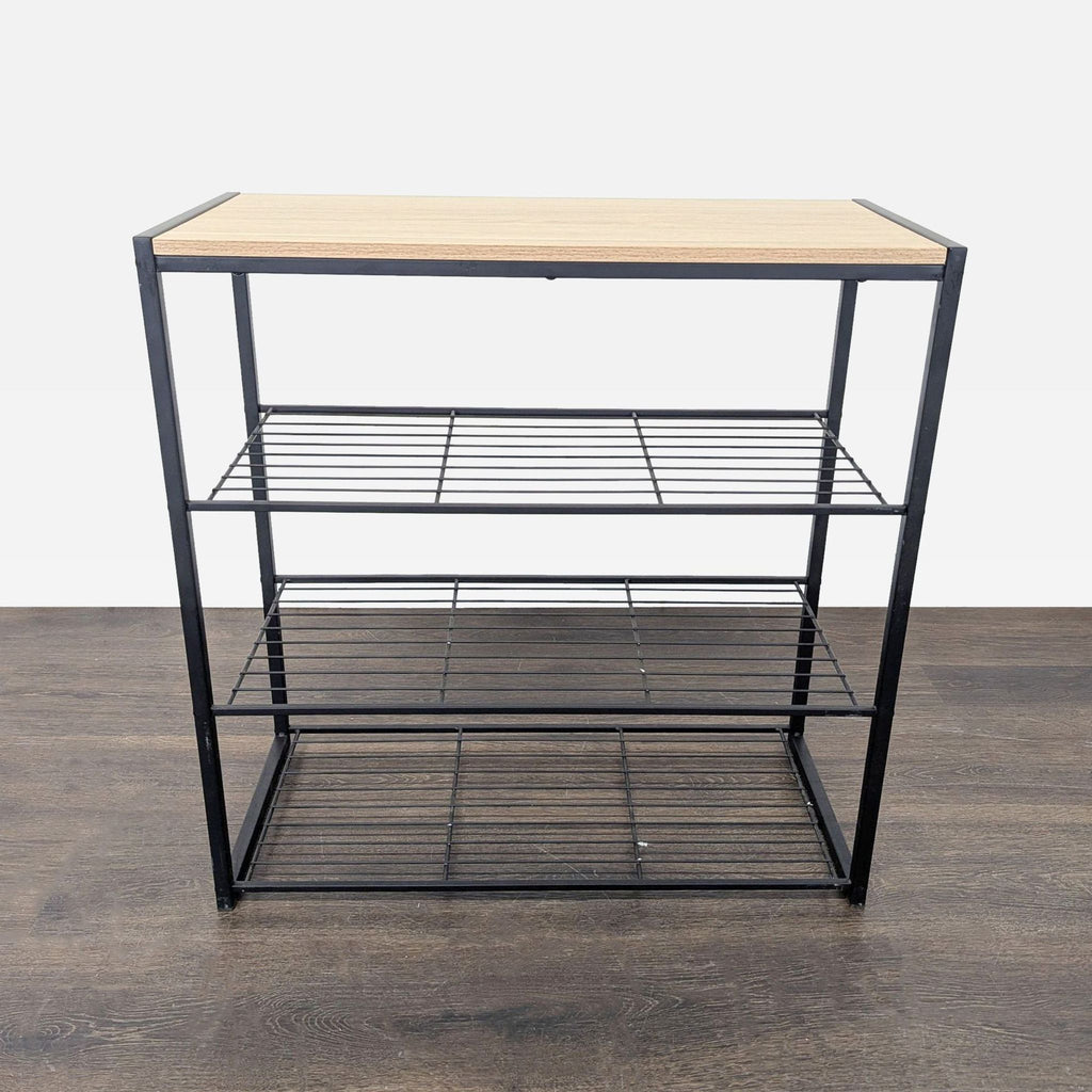 2. Black metal shelving unit with three wire shelves and a light wood top, ideal for versatile home organization.