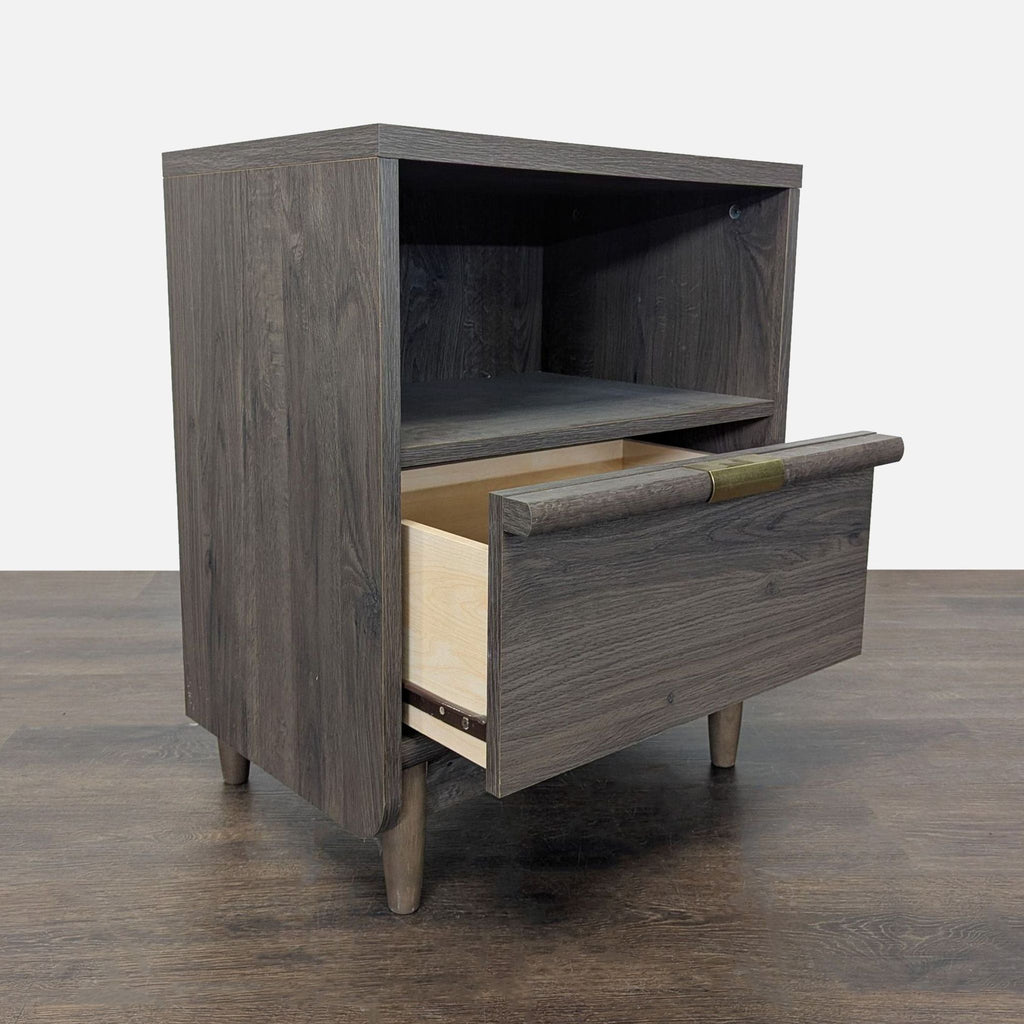 1. Modern wooden end table with a single drawer and open shelf below.