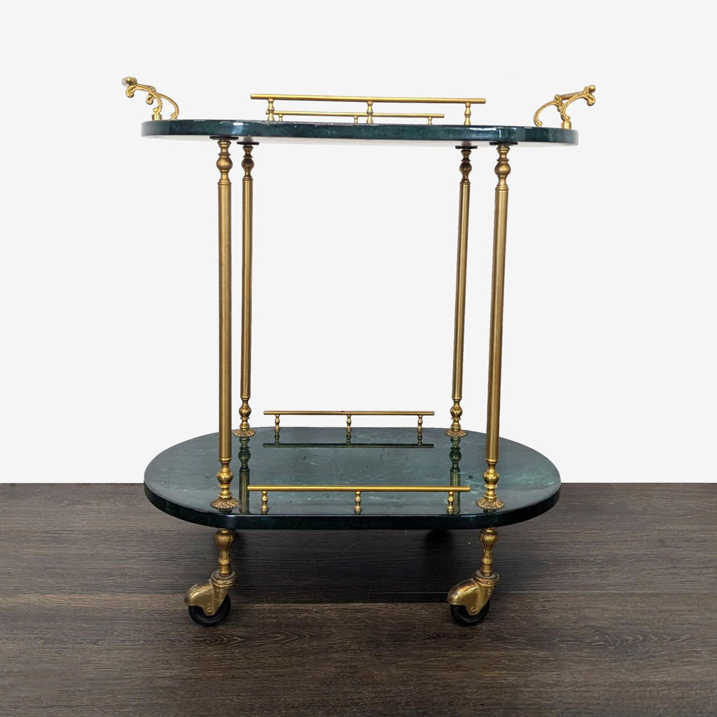 Glossy green goatskin serving trolley on brass columns and castors, in Hollywood Regency style by Aldo Tura.