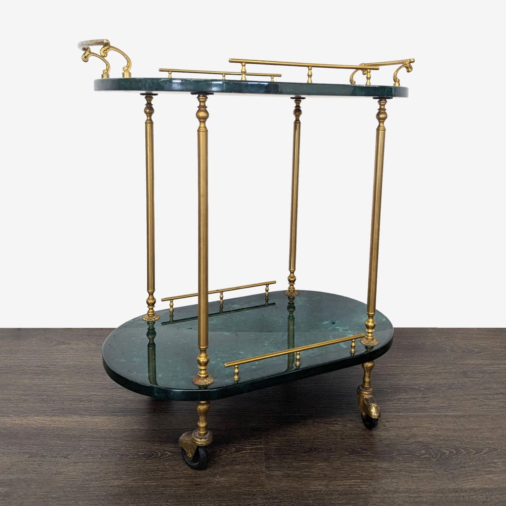 Luxurious Hollywood Regency console trolley covered in shiny green goatskin, featuring brass columns and casters.