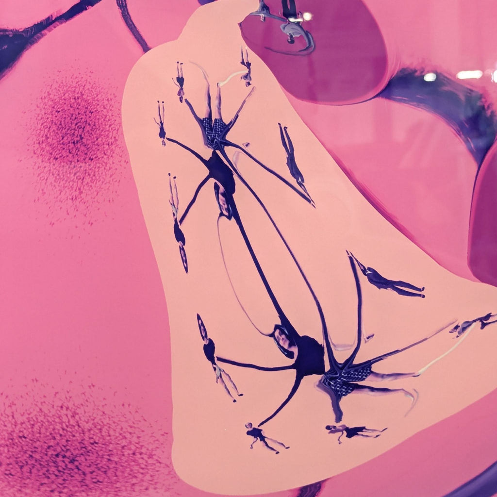 Mette Tommerup’s "TransCode" (2001): bold circular artwork with dynamic pink and blue abstract forms.  