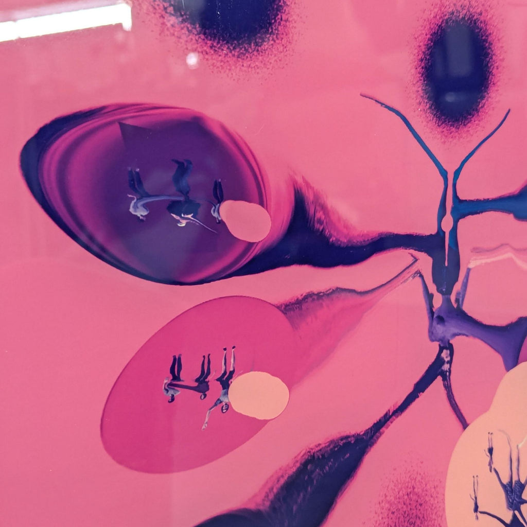 Contemporary round painting with energetic pink and navy shapes, created by artist Mette Tommerup in 2001.