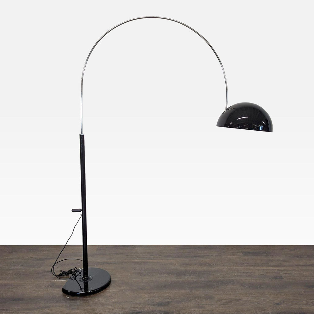 Oluce arc floor lamp with chrome arm and black dome shade, modern design, tested and not working.  