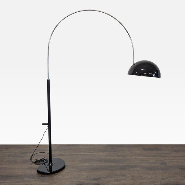 Oluce arc floor lamp with chrome arm and black dome shade, modern design, tested and not working.  