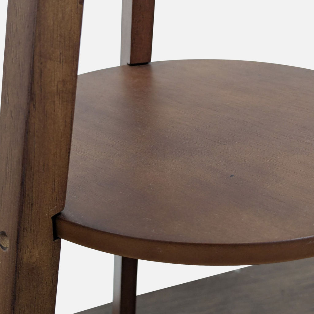 Wooden floor lamp featuring a practical shelf and neutral fabric shade, ideal for stylish, functional lighting.