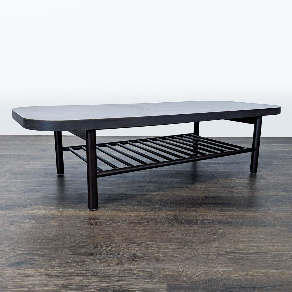 Solid wood beech coffee table with a ribbed shelf; designed by Henrik Preutz for Ikea, lacquered finish.  