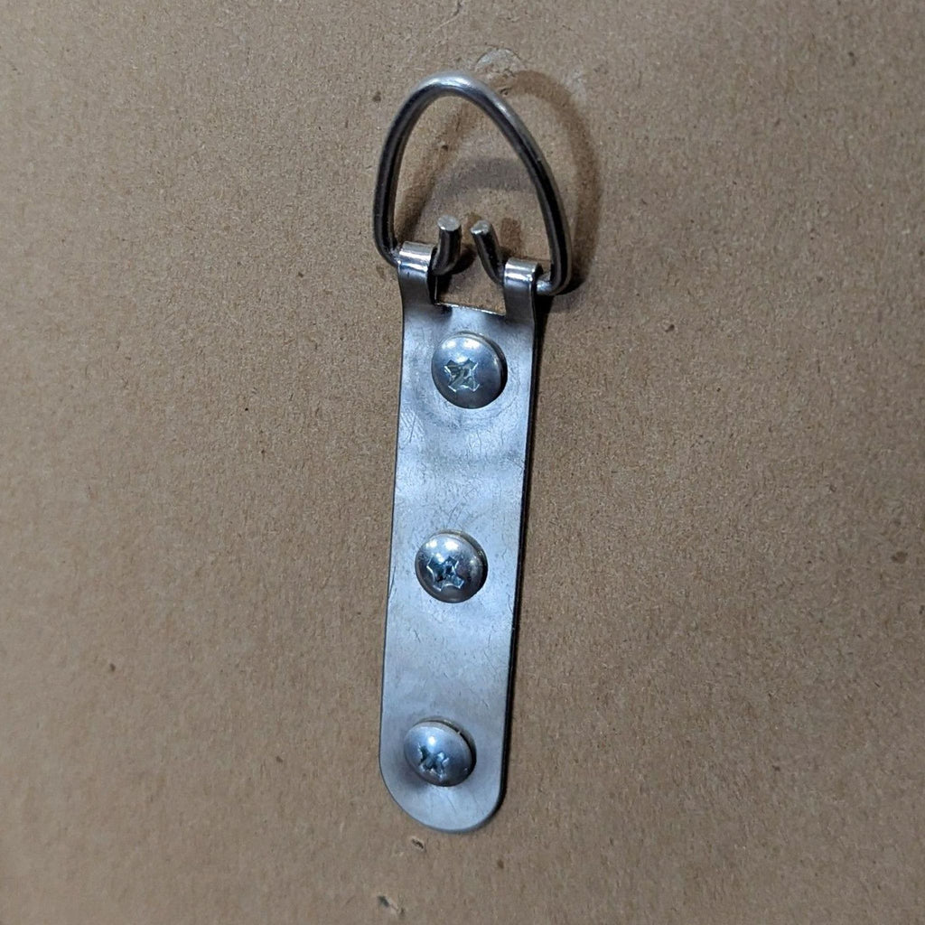 3. Close-up of a metal D-ring hanger attached to the back of the mirror with three screws.