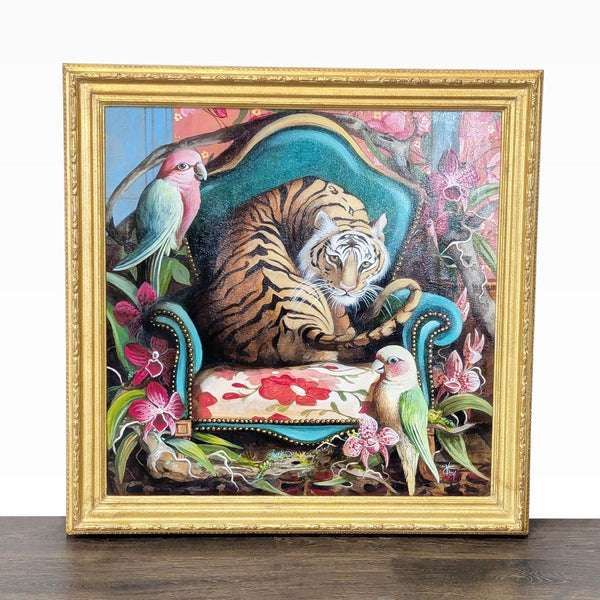 Acrylic painting of a tiger lounging in a chair with exotic birds and orchids, framed in gold, by Valentina Toma.