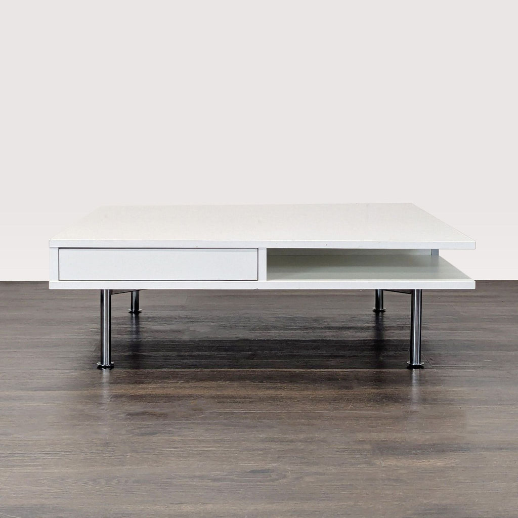 IKEA high gloss white coffee table featuring a rectangular shape, extra shelf, and two built-in drawers.