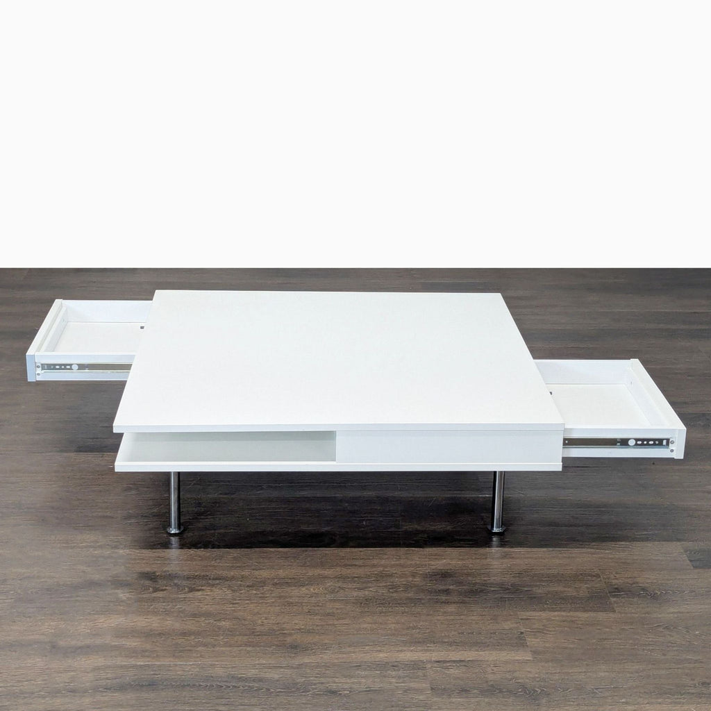 Modern IKEA Tofteryd coffee table in white with a separate shelf and dual drawers for storage.