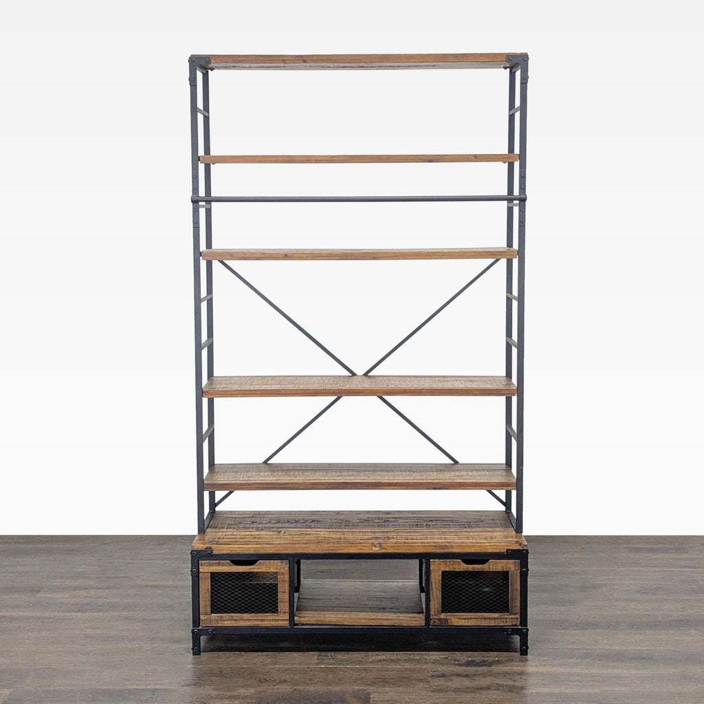 Industrial 5-Tier Bookshelf with Metal Frame and Storage Drawers