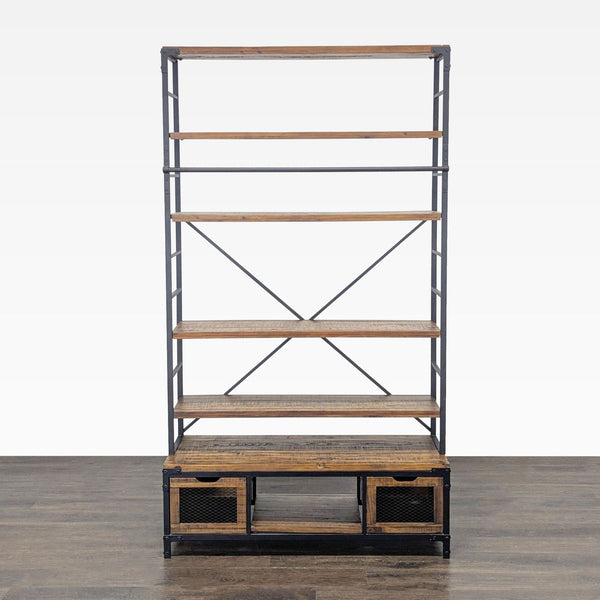 Industrial 5-Tier Bookshelf with Metal Frame and Storage Drawers