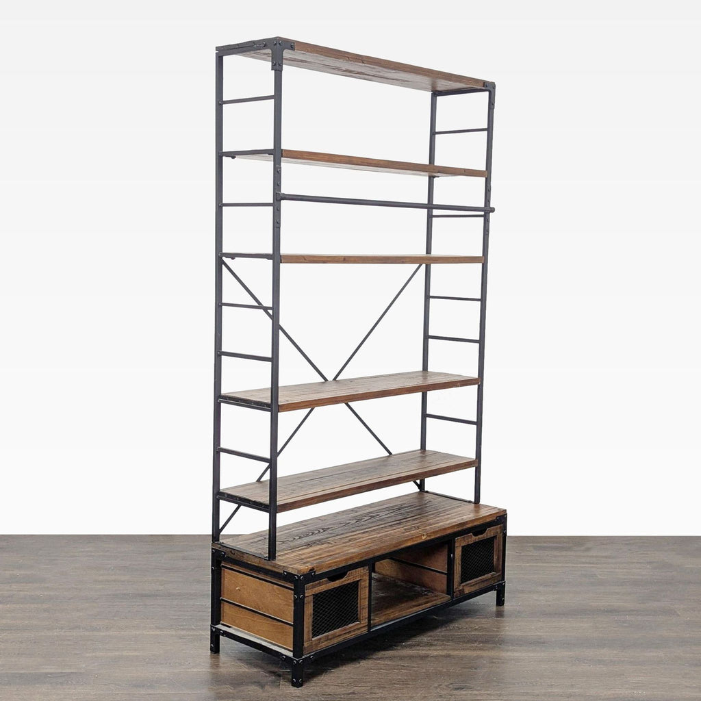 Industrial 5-Tier Bookshelf with Metal Frame and Storage Drawers