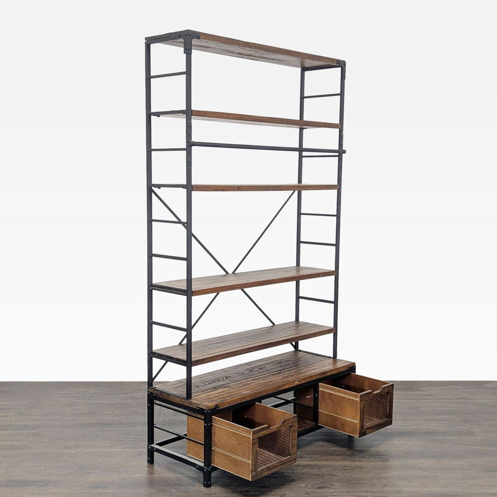Industrial 5-Tier Bookshelf with Metal Frame and Storage Drawers