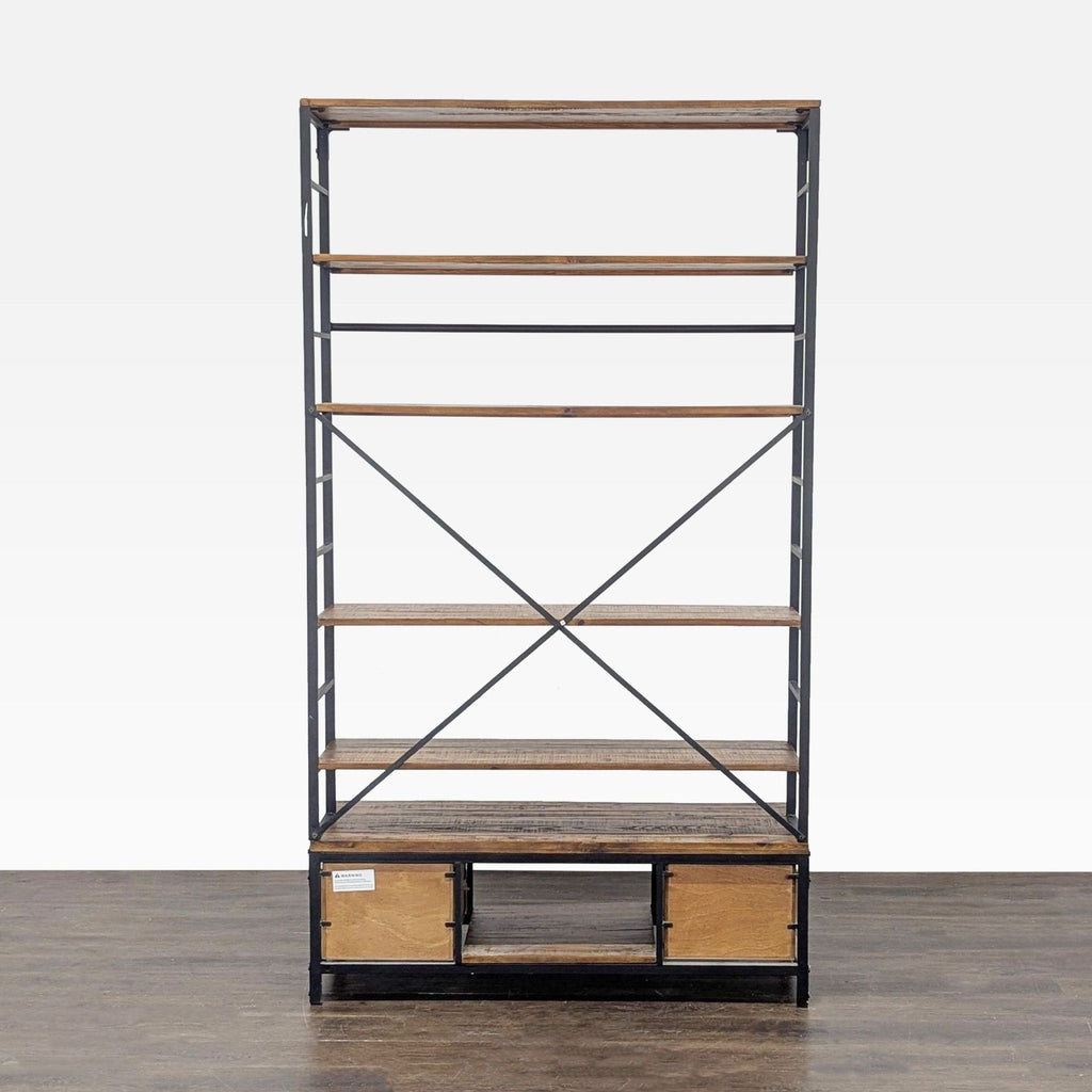 Industrial 5-Tier Bookshelf with Metal Frame and Storage Drawers