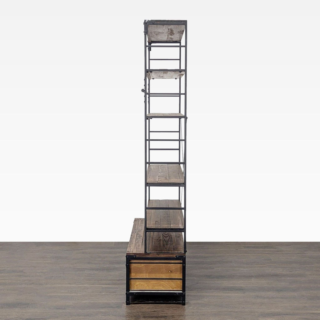 Industrial 5-Tier Bookshelf with Metal Frame and Storage Drawers