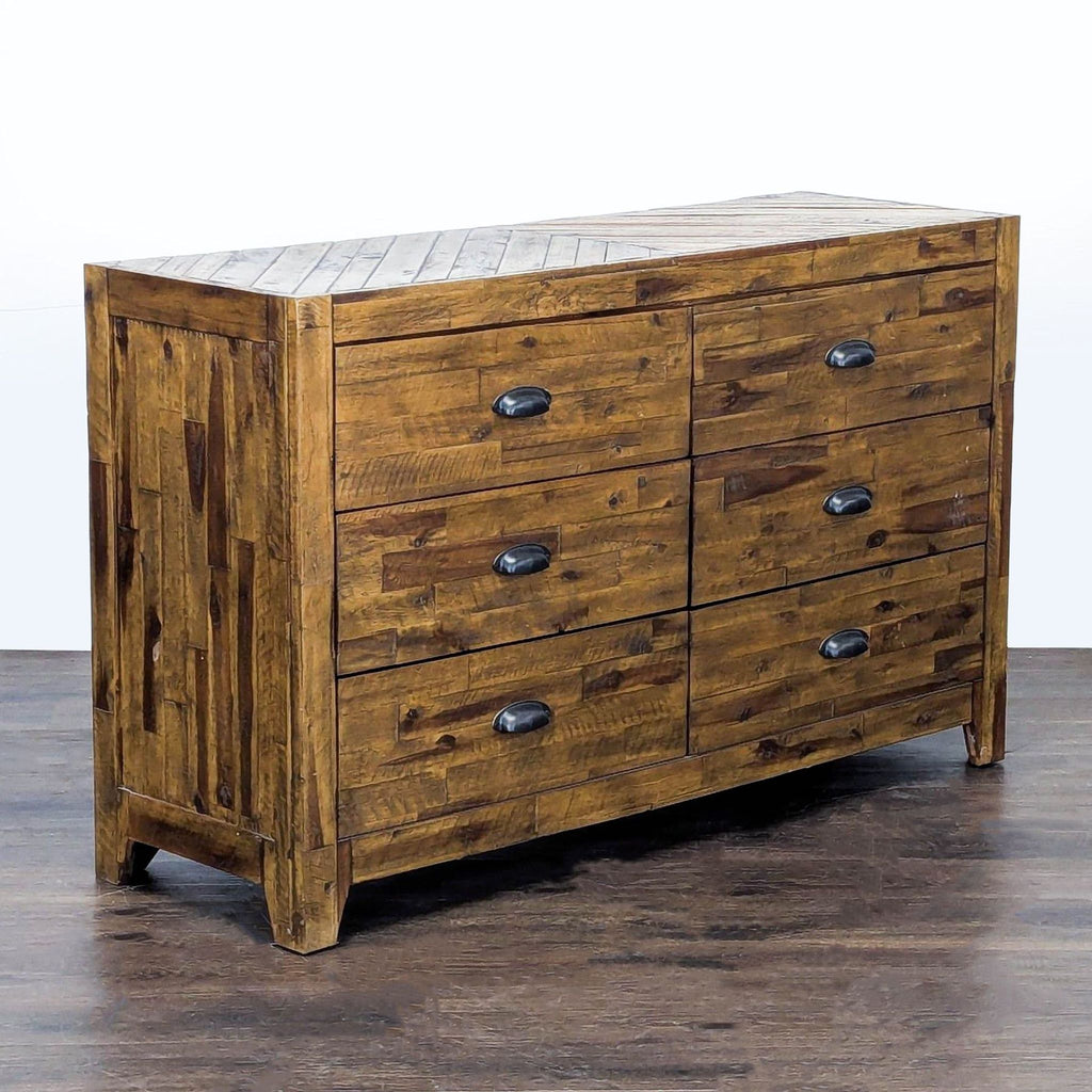 Magnussen dresser in rustic wood, includes six drawers and black hardware; ideal storage for bedrooms or living areas.