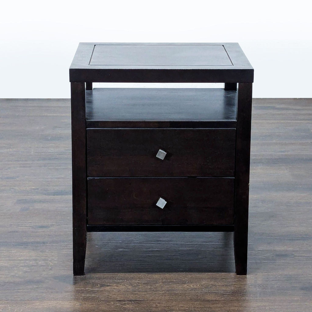 1. Dark wood end table with two drawers and an open shelf, featuring sleek square metal knobs.