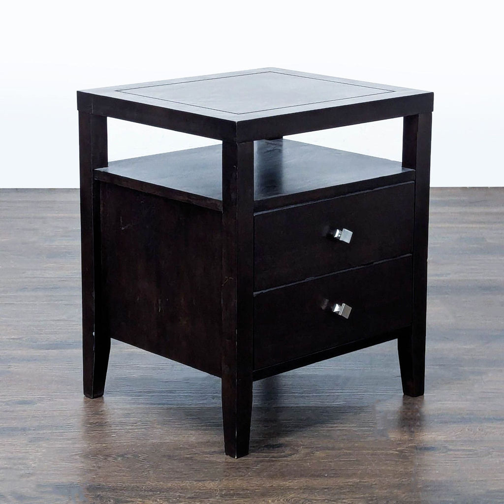 3. Modern end table in dark wood with two drawers, open shelf space, and metallic square handles.