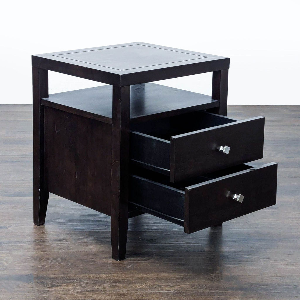 2. Contemporary end table with two open drawers, a top shelf, and a dark wood finish.
