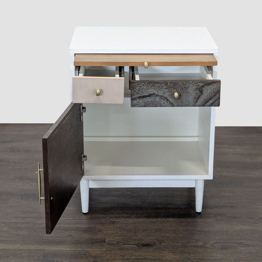 Modern end table featuring dual drawers on top, a slide-out tray, and a shelved cabinet underneath.