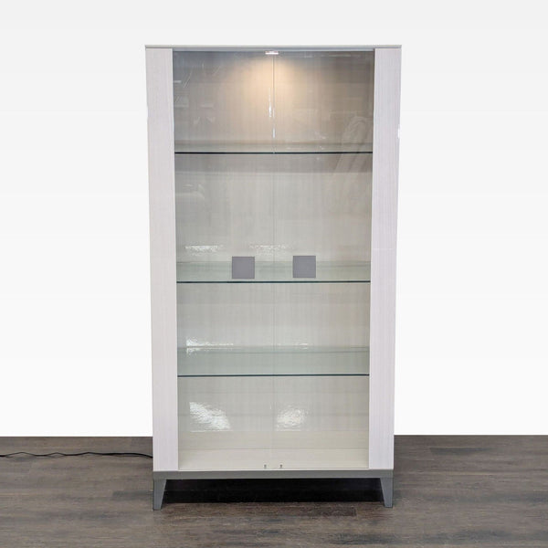 Wooden cabinet by Alf Italia with glass doors, internal glass shelves, and modern metal hardware, electrified.