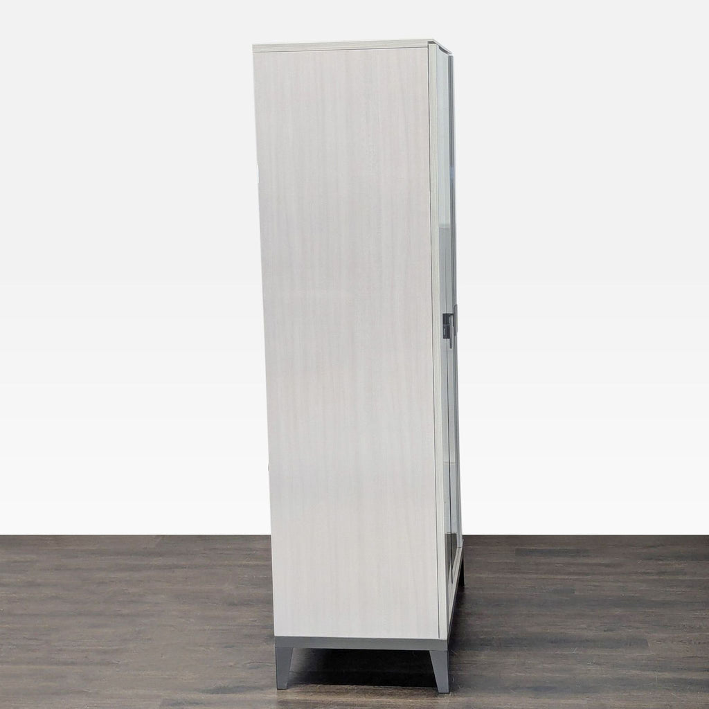 Alf Italia electrified cabinet featuring wood frame, dual glass doors, three glass shelves, and metal accents.