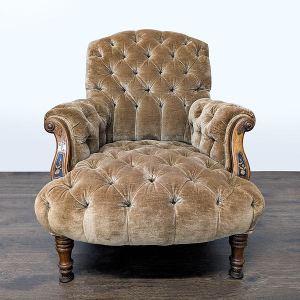 Vintage Victorian Tufted Velvet Lounge Chair with Carved Wooden Accents