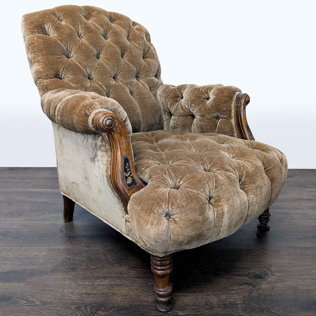 Vintage Victorian Tufted Velvet Lounge Chair with Carved Wooden Accents