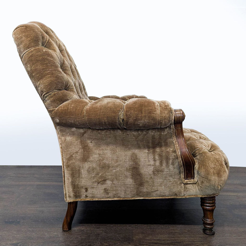 Vintage Victorian Tufted Velvet Lounge Chair with Carved Wooden Accents