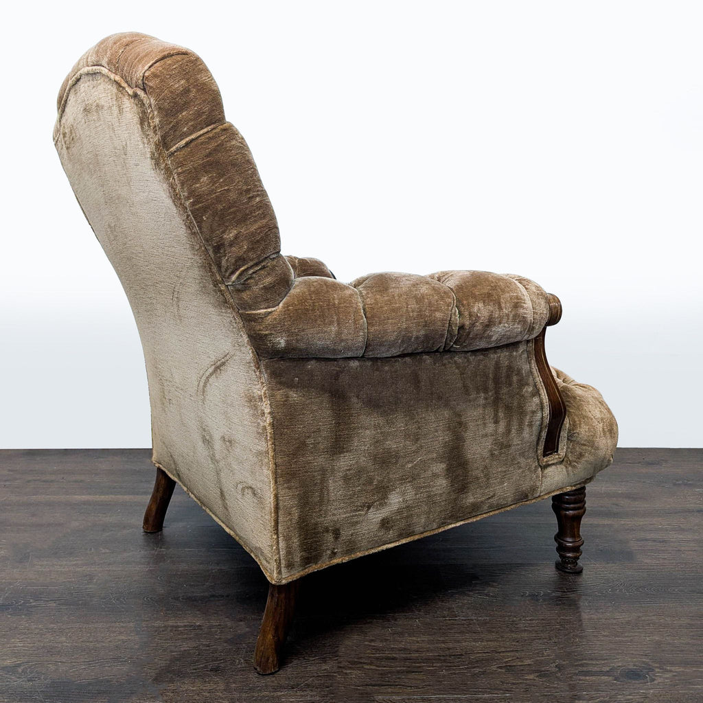 Vintage Victorian Tufted Velvet Lounge Chair with Carved Wooden Accents