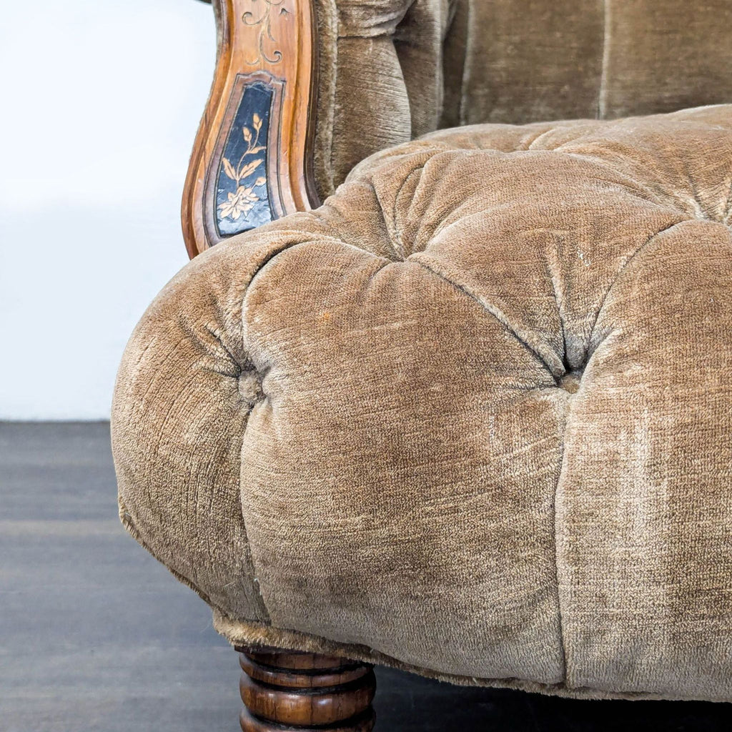Vintage Victorian Tufted Velvet Lounge Chair with Carved Wooden Accents