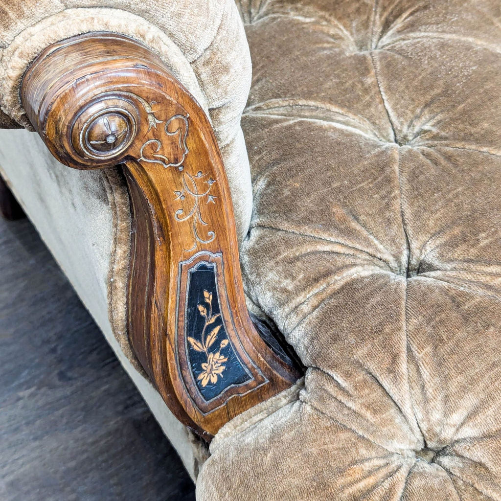 Vintage Victorian Tufted Velvet Lounge Chair with Carved Wooden Accents