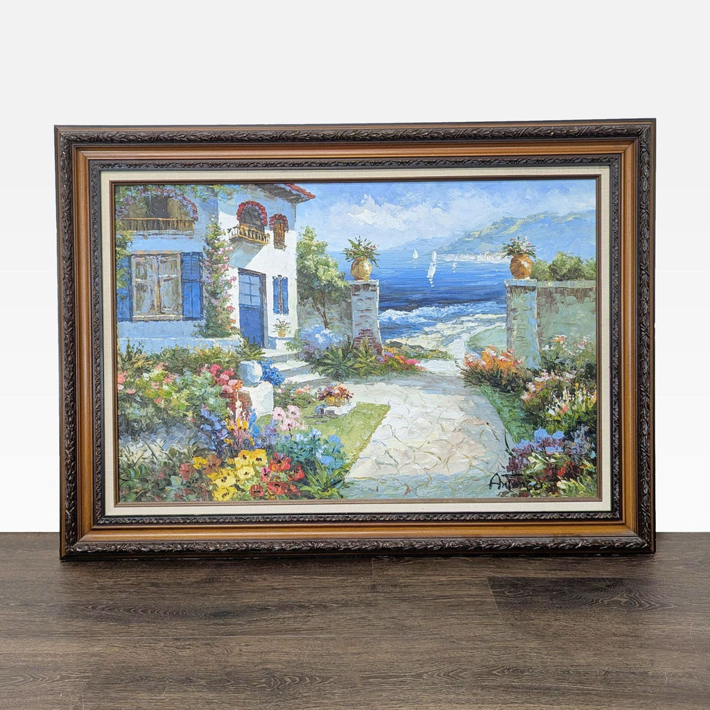 Framed acrylic painting of a vibrant seaside house, lush garden, and ocean, signed by artist Antonio.