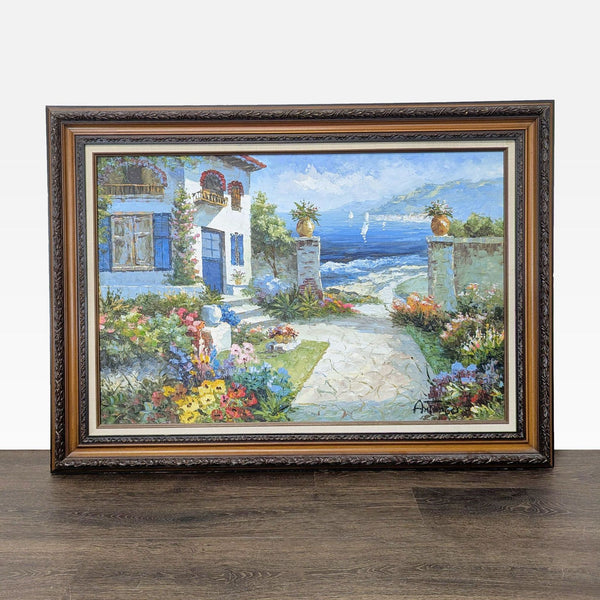 Framed acrylic painting of a vibrant seaside house, lush garden, and ocean, signed by artist Antonio.