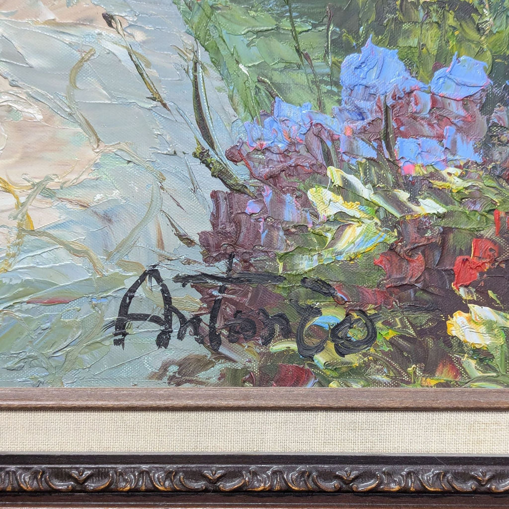 Colorful seaside home painting with bright flowers, blue sea, and ornate frame, perfect for décor.