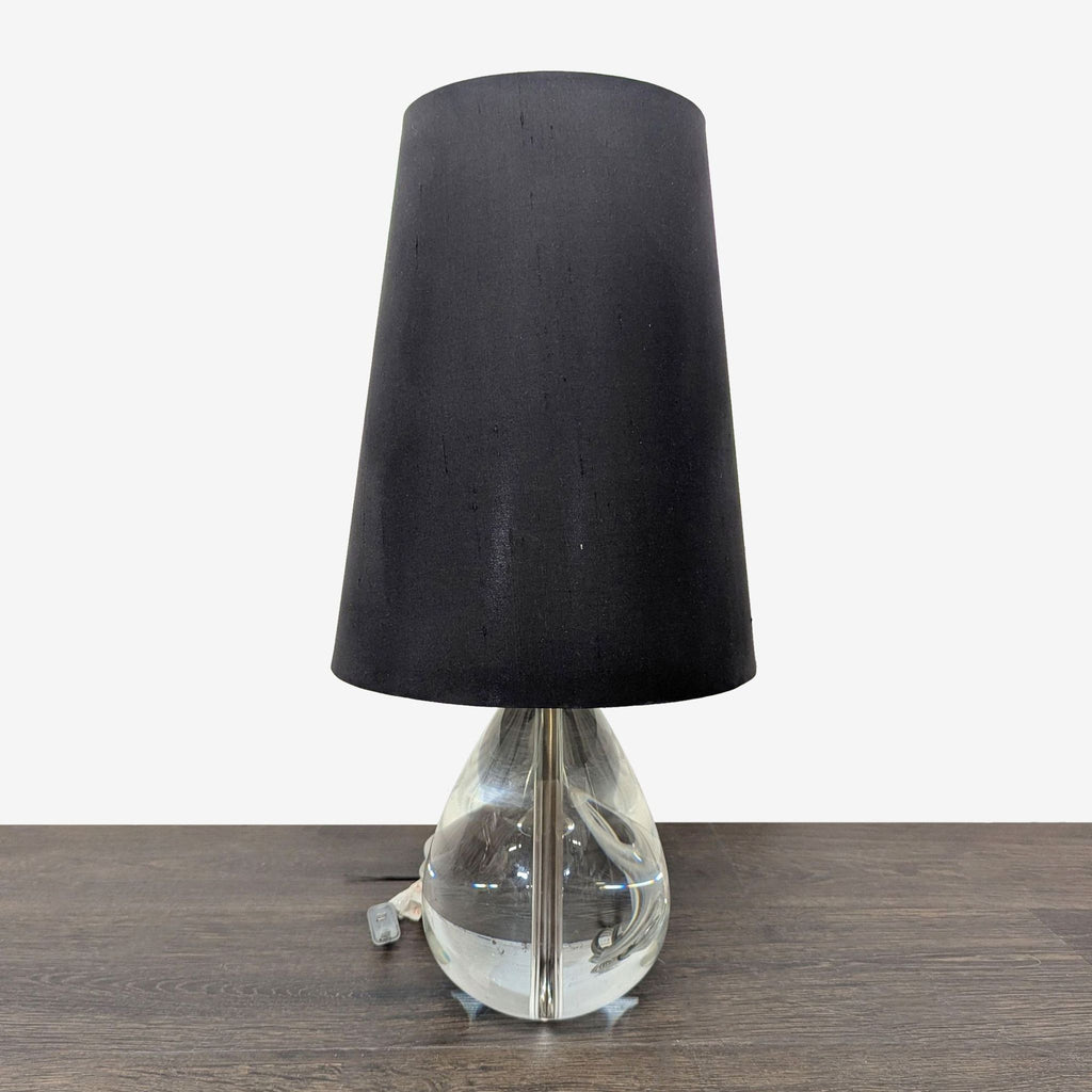 Jonathan Adler crystal teardrop base table lamp with black shade in modern minimalist style.