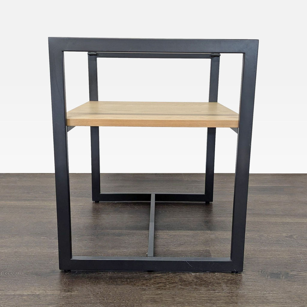 Sleek end table combining a glass tabletop with a wooden shelf for added storage.