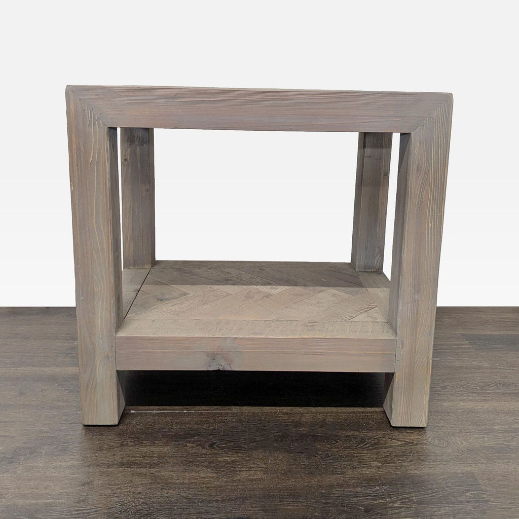Rustic Wood End Table with Herringbone Top and Shelf