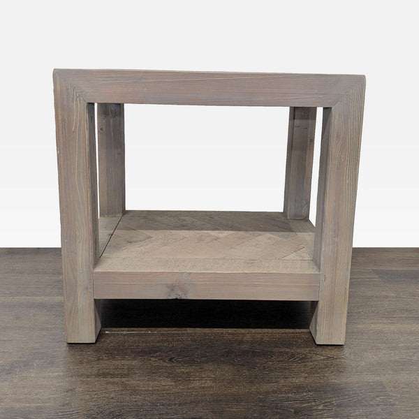 Rustic Wood End Table with Herringbone Top and Shelf